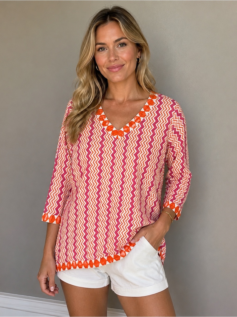 Gretchen Scott Designs Pink & Orange Zigzag V-Neck Tunic